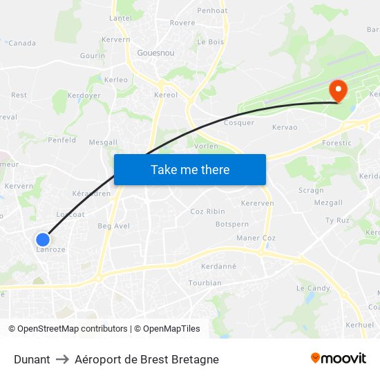 Dunant to Aéroport de Brest Bretagne map