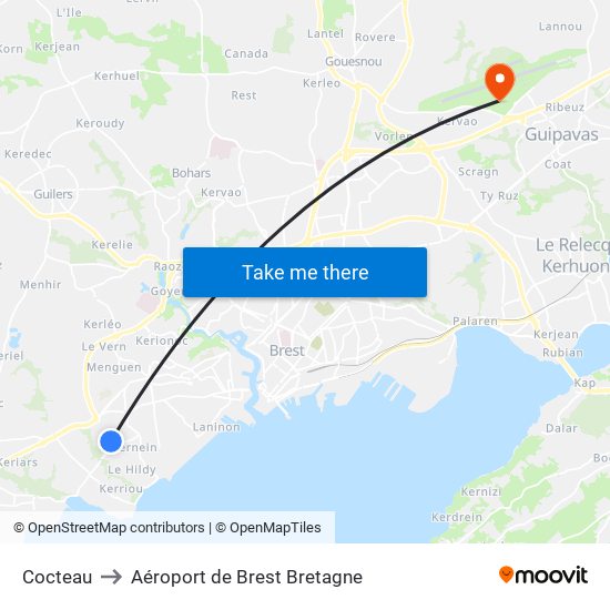 Cocteau to Aéroport de Brest Bretagne map