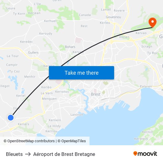 Bleuets to Aéroport de Brest Bretagne map