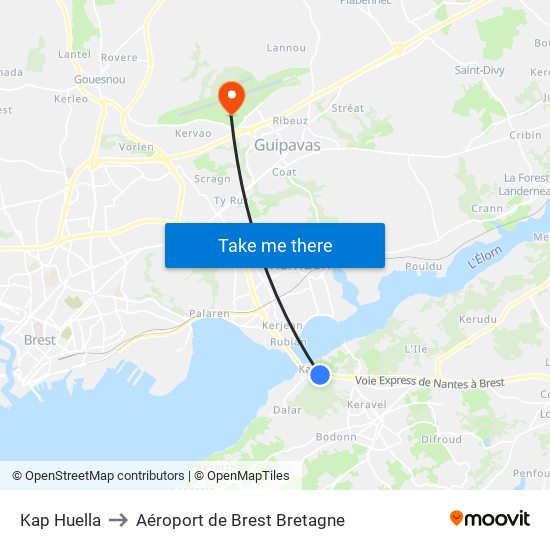 Kap Huella to Aéroport de Brest Bretagne map