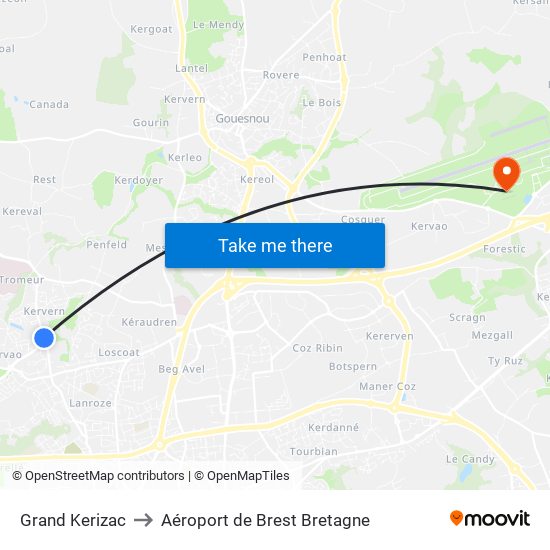 Grand Kerizac to Aéroport de Brest Bretagne map