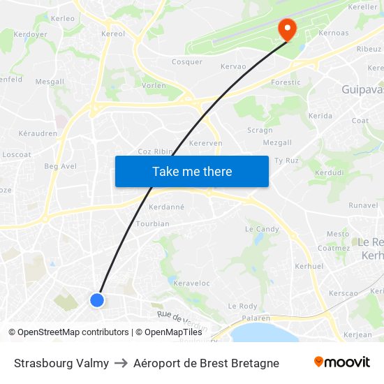 Strasbourg Valmy to Aéroport de Brest Bretagne map