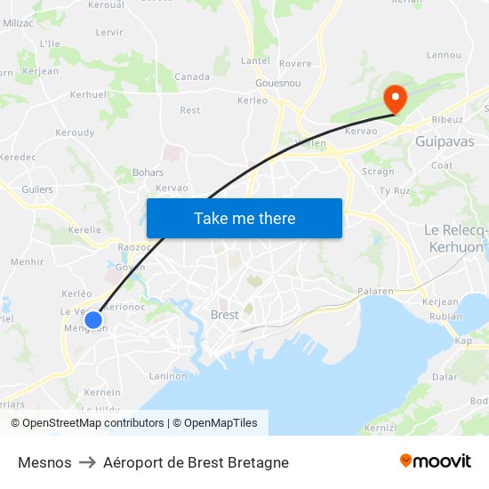 Mesnos to Aéroport de Brest Bretagne map