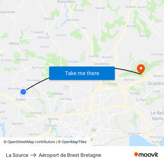 La Source to Aéroport de Brest Bretagne map