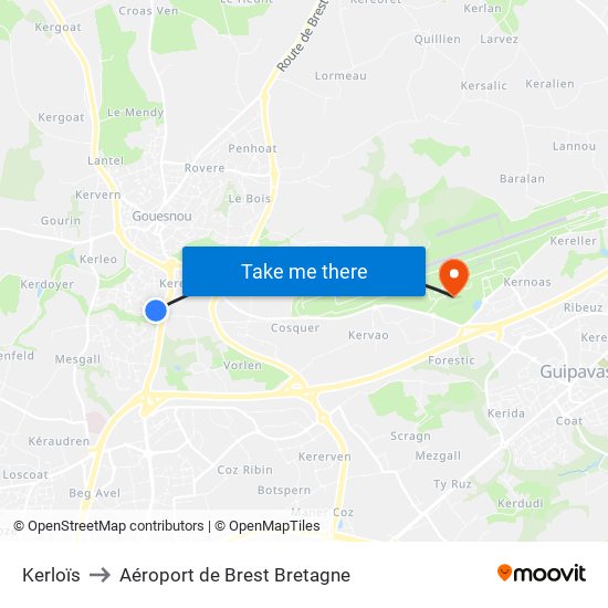 Kerloïs to Aéroport de Brest Bretagne map