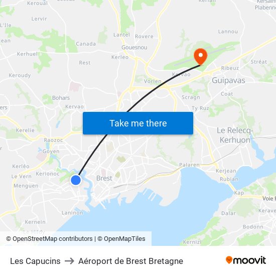 Les Capucins to Aéroport de Brest Bretagne map