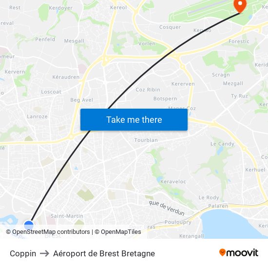 Coppin to Aéroport de Brest Bretagne map