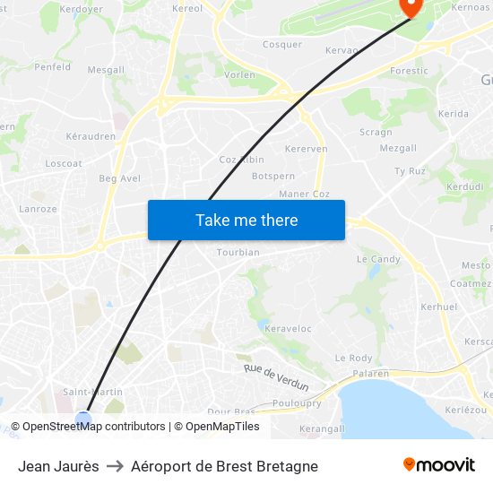 Jean Jaurès to Aéroport de Brest Bretagne map