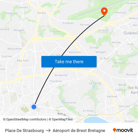Place De Strasbourg to Aéroport de Brest Bretagne map