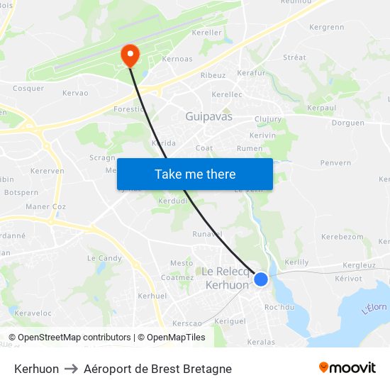 Kerhuon to Aéroport de Brest Bretagne map