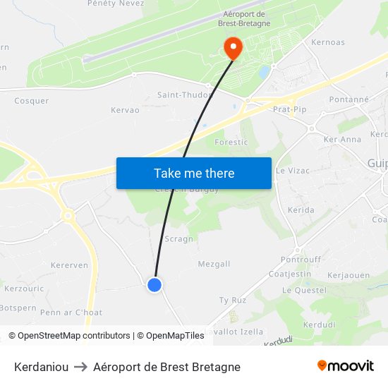 Kerdaniou to Aéroport de Brest Bretagne map