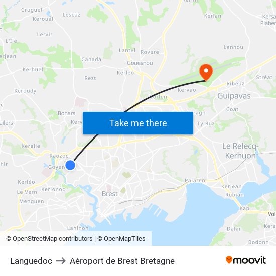Languedoc to Aéroport de Brest Bretagne map