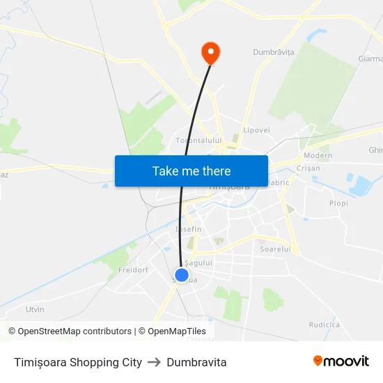 Timișoara Shopping City to Dumbravita map