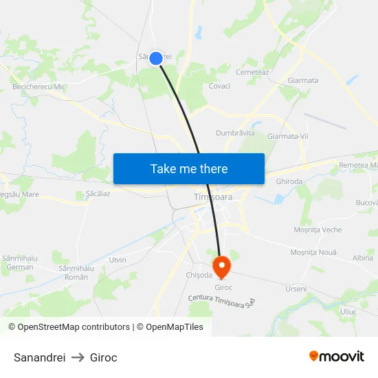 Sanandrei to Giroc map