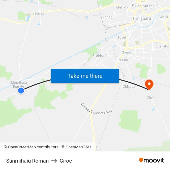 Sanmihaiu Roman to Giroc map