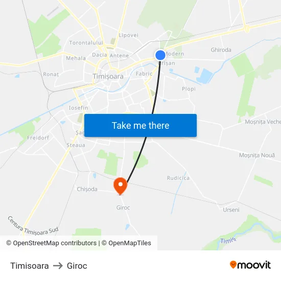 Timisoara to Giroc map