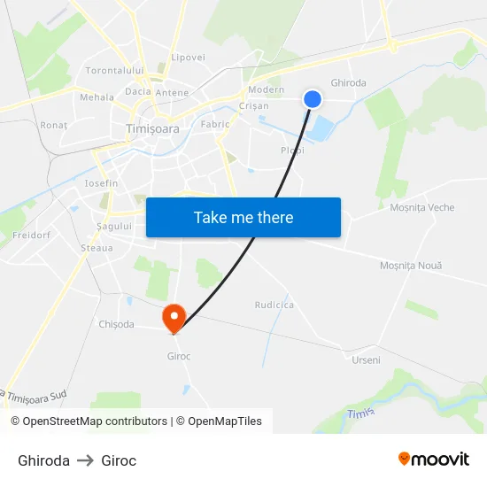 Ghiroda to Giroc map