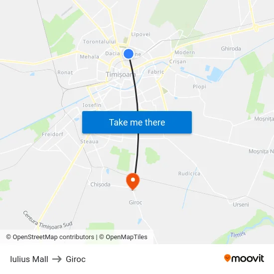 Iulius Mall to Giroc map