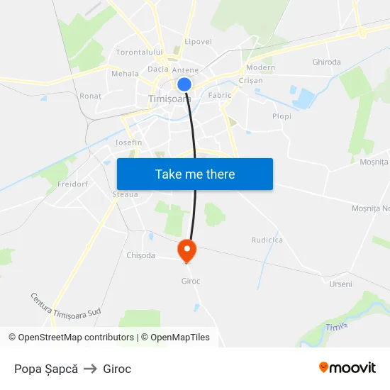 Popa Șapcă to Giroc map