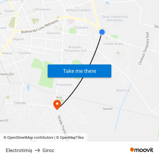 Electrotimiș to Giroc map