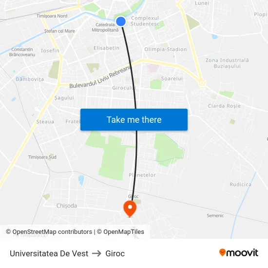 Universitatea De Vest to Giroc map