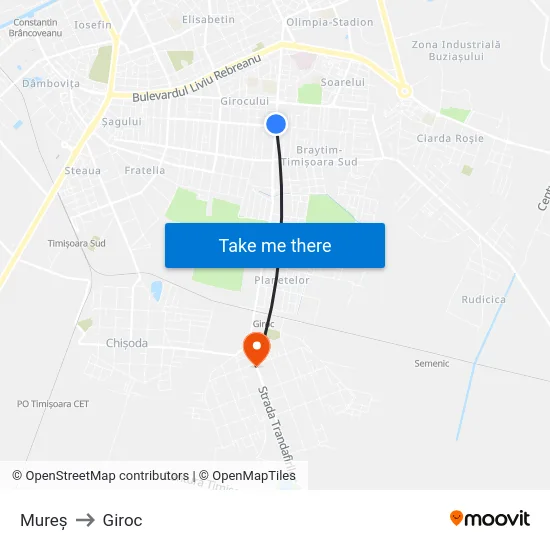 Mureș to Giroc map
