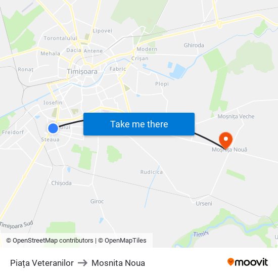 Piața Veteranilor to Mosnita Noua map