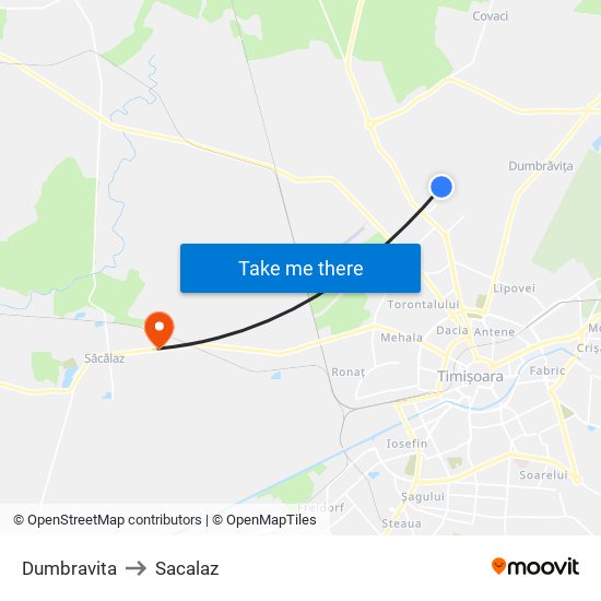 Dumbravita to Sacalaz map