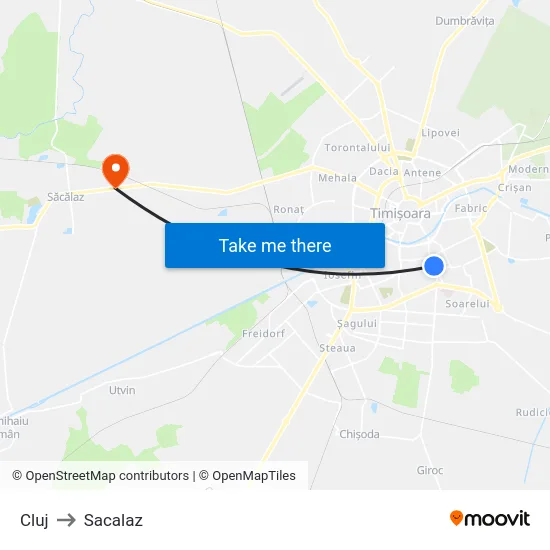 Cluj to Sacalaz map