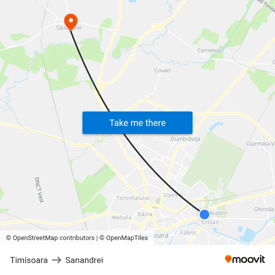 Timisoara to Sanandrei map