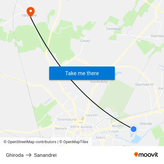 Ghiroda to Sanandrei map