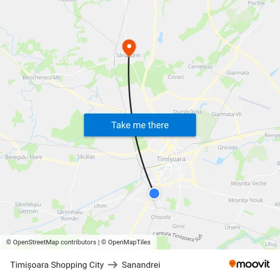 Timișoara Shopping City to Sanandrei map
