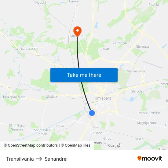 Transilvania to Sanandrei map