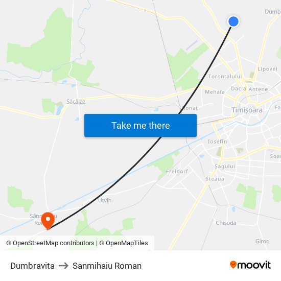 Dumbravita to Sanmihaiu Roman map