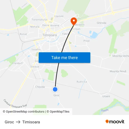 Giroc to Timisoara map