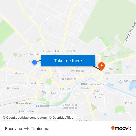 Bucovina to Timisoara map