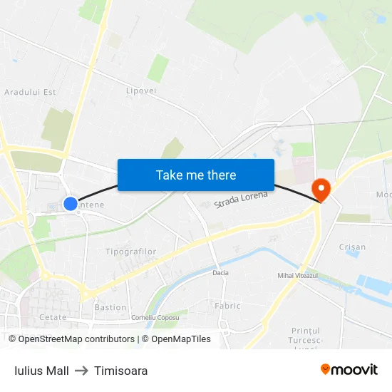 Iulius Mall to Timisoara map