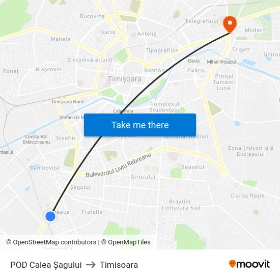 POD Calea Șagului to Timisoara map