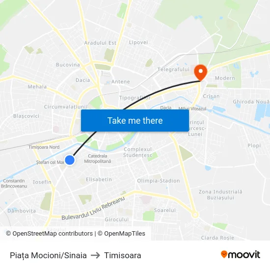 Piața Mocioni/Sinaia to Timisoara map