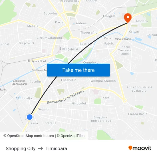 Shopping City to Timisoara map
