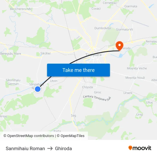 Sanmihaiu Roman to Ghiroda map