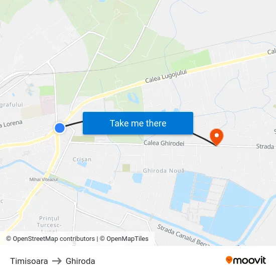 Timisoara to Ghiroda map