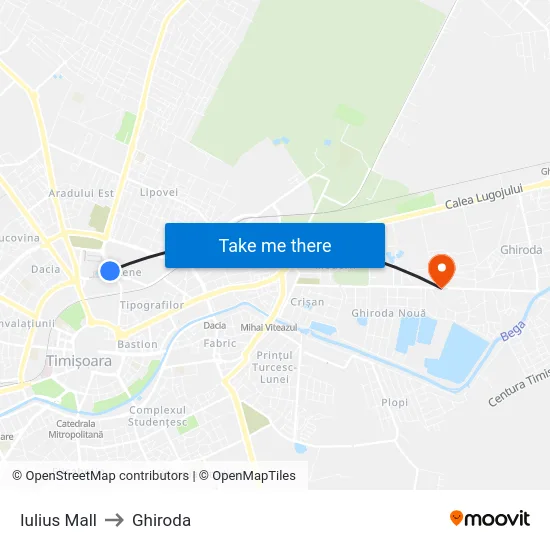 Iulius Mall to Ghiroda map