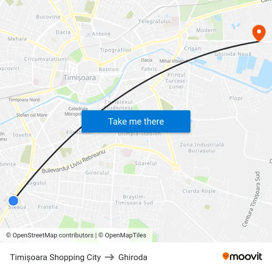 Timișoara Shopping City to Ghiroda map