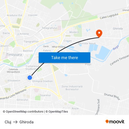 Cluj to Ghiroda map