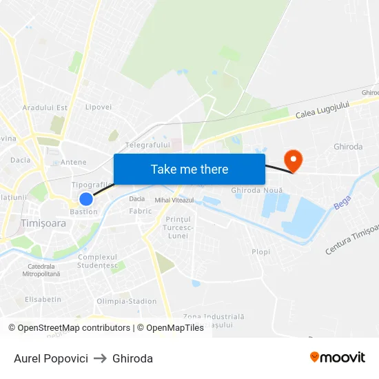 Aurel Popovici to Ghiroda map