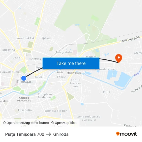Piața Timișoara 700 to Ghiroda map