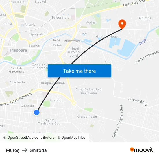 Mureș to Ghiroda map