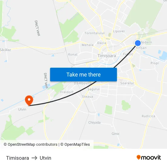 Timisoara to Utvin map