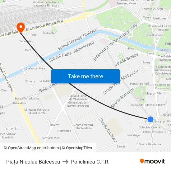 Piața Nicolae Bălcescu to Policlinica C.F.R. map